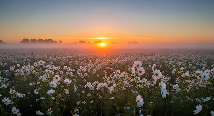 Obraz premium A field of flowers at sunrise with a foggy sky