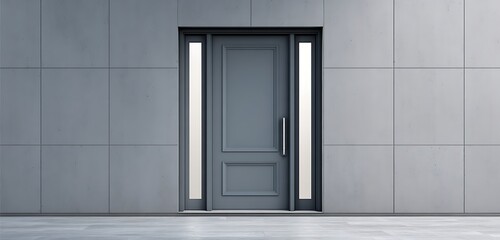sleek fiberglass door with raised panels, pivot mechanism, weather stripping with balanced exposure.