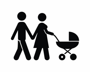 Parents with baby stroller silhouette vector