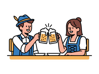 Illustration of a happy couple in traditional German lederhosen and dirndl outfits, celebrating and toasting with frothy beer mugs. October Fest