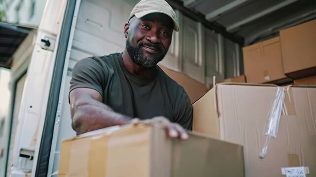 Afro american man in delivery van smiling while organizing cardboard boxes in industrial setting under natural light. Concept of logistics work and positive service
