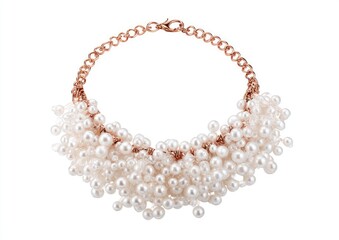 Fototapeta premium A rose gold chain necklace adorned with numerous off-white pearls, clustered densely in a cascading, bib-like design