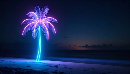 a Neon glowing palm tree on a beach at night with copy space for text