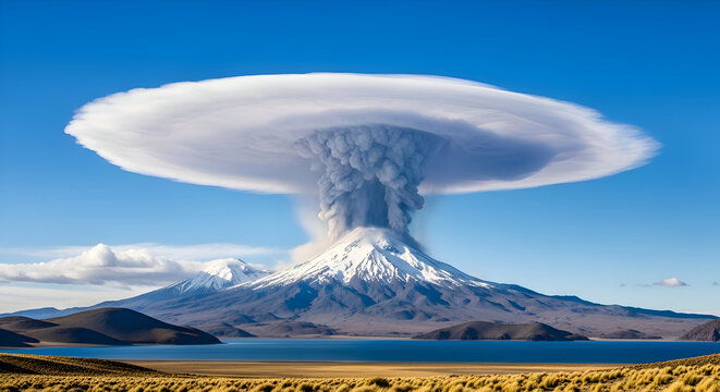 Volcano erupting with lenticular cloud formation