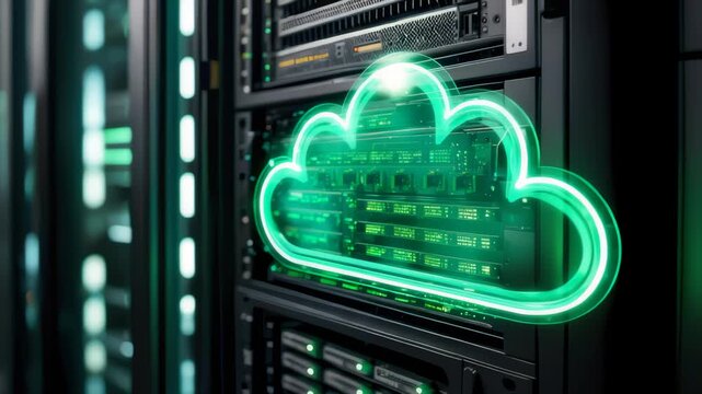 Server rack with glowing green cloud icon