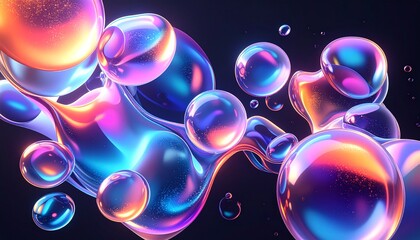 Abstract 3D blobs with gradient gel texture, glossy liquid surface, floating on dark