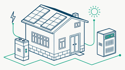 Illustration of a house with solar panels on the roof, connected to a battery and an inverter, showcasing sustainable energy solutions for residential buildings