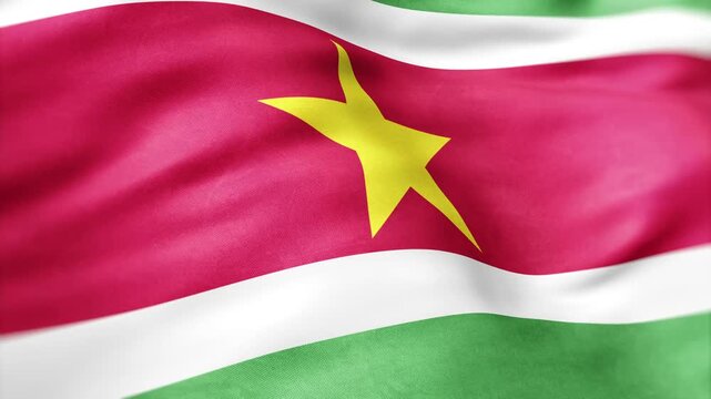Suriname flag waving with green, white, red stripes and yellow star, representing unity