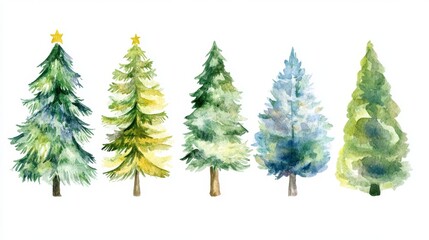 71.A collection of watercolor Christmas trees, each designed in a unique style. From tall, slender trees with delicate branches to short, full-bodied trees, all are rendered in soft green tones with