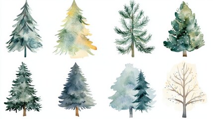 Obraz premium 71.A collection of watercolor Christmas trees, each designed in a unique style. From tall, slender trees with delicate branches to short, full-bodied trees, all are rendered in soft green tones with
