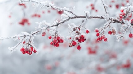 Beautiful red berries cling to frost-covered branches against a white snowy background, showcasing the serene beauty of winter. The landscape exudes a peaceful, chilly atmosphere.