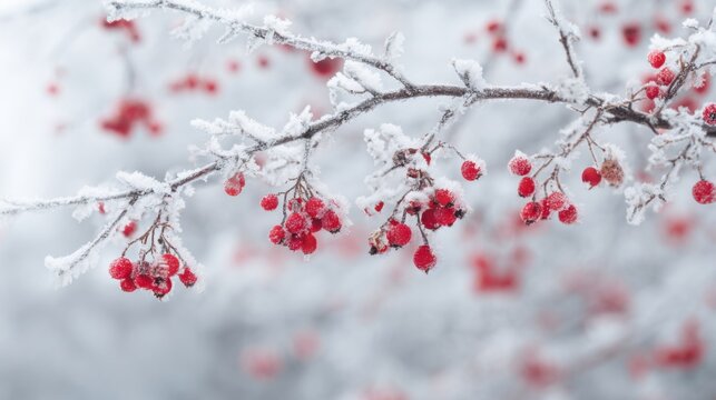 Beautiful red berries cling to frost-covered branches against a white snowy background, showcasing the serene beauty of winter. The landscape exudes a peaceful, chilly atmosphere.