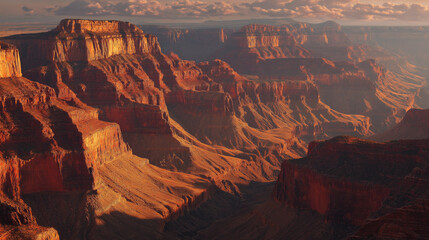 Grand canyon at sunset, fiery sky casting shadows across layered cliffs.