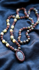 Mala beads made of rudraksha, calcite and pyrite with a fossilized coral pendant. High quality photo