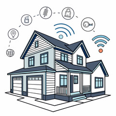 Vector art of smart home system modern house equipped with automated systems for security, entertainment, and climate control, enhancing comfort and convenience