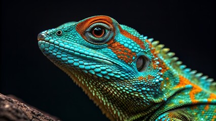 Fototapeta premium a rainforest reptile with iridescent scales in shades of turquoise, orange, and lime green
