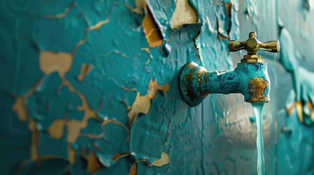 Rusty Faucet in Front of Peeling Teal Paint on Weathered Wall with Water Dripping, Industrial and Vintage Aesthetic