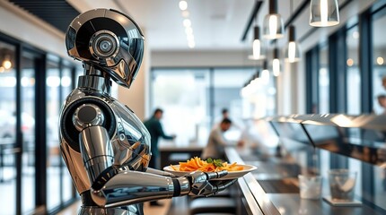 Robot waiter serving food in restaurant.