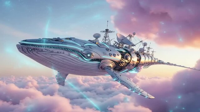 Futuristic whale-shaped spacecraft gliding through vibrant clouds at sunset, showcasing advanced technology