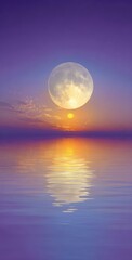 A serene scene of a giant moon over a tranquil sea, reflecting a sunset with a soft purple hue. Gentle ripples adorn the water's surface