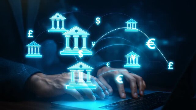 Hands Laptop Banks Currency Icons Finance Money Exchange Transaction Screen