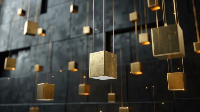 Elegant Gold Hanging Cubes in Modern Minimalist Interior Design with Soft Lighting and Textured Background