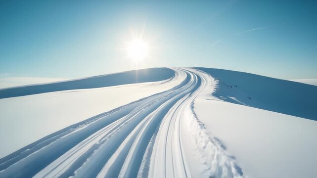 Cross-country ski trail winds through pristine snow