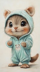Obraz premium Cute cartoon illustration of playful beaver cub wearing orange hoodie, showcasing large eyes and charming pose, perfect for children's designs and playful themes. baby of animal on white background.