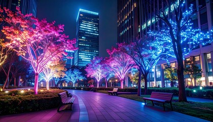 City park with neon glowing trees and benches under skyscrapers