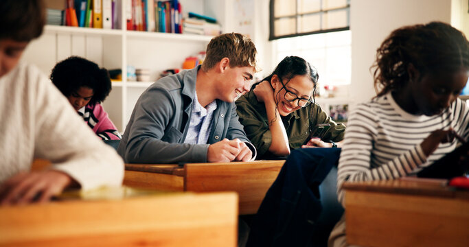 Laughing, friends and searching with phone, classroom or watching funny videos on social media. Teenagers, boy and girl with students for entertainment, break or humor for comedy on website in school - Powered by Adobe