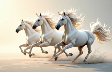 Three white horses galloping across a neutral background with flowing manes and dust clouds