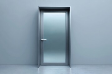 sleek steel door with matte finish, frosted glass, concealed hinges with acoustic insulation.