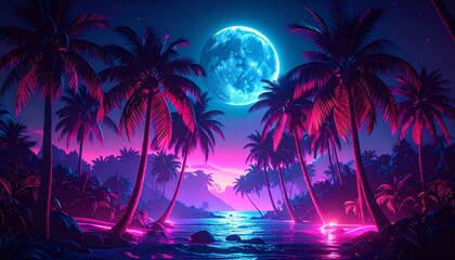 Coconut trees with neon outlines under a glowing moon 