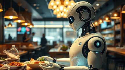 Robot waiter serving food in restaurant.
