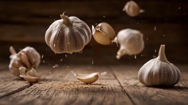 The garlic passes in front of the camera in slow motion on a wooden background. Macro, Phantom Camera, Super Close-up.