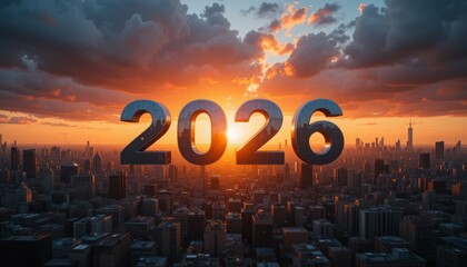 Dark silhouette 2026 digits above city skyline with glowing sunset and red sky background