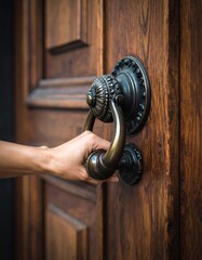 Hand reaching for a vintage door knocker