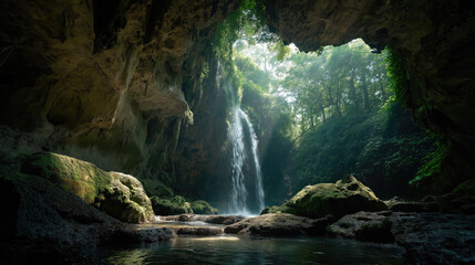 Hidden waterfall inside a lush cave, sunlight streaming through opening.