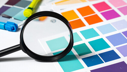 Detailed inspection of a vibrant color swatch guide with a magnifying glass for creative project selection