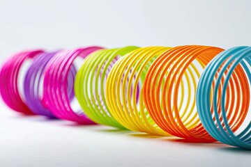 A row of vibrant, multicolored plastic spring toys, arranged in a slightly staggered pattern against a plain white background, showing a gradient of colors