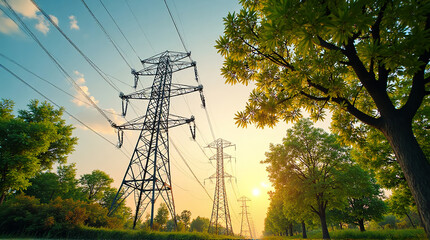 High Voltage Power Lines Tower in Green Park During Sunset