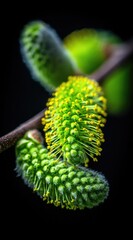 Fototapeta premium Close-up of a budding willow branch with soft, green catkins displaying bright yellow pollen against a dark, blurred background