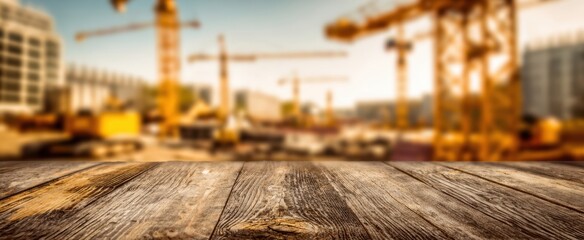 The wooden table in front of a bustling construction site backdrop.