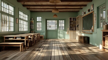 Fototapeta premium Vintage Green Classroom with Wooden Beams and Sunlight