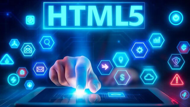 HTML5 web development and coding with tablet interface, data, security, and technology icons for programming and website creation