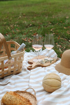 Outdoor Picnic with Wine and wine glasses