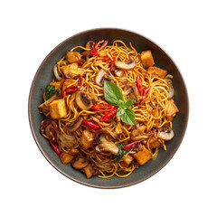 Delicious Tofu and Mushroom Noodles Stir-Fry in a Dark Bowl