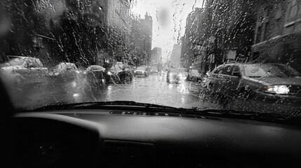 44.A rainy day inside a car, viewed through the windshield as the wipers clear a path. The raindrops accumulate on the rest of the glass, creating a textural contrast with the clean area left by the