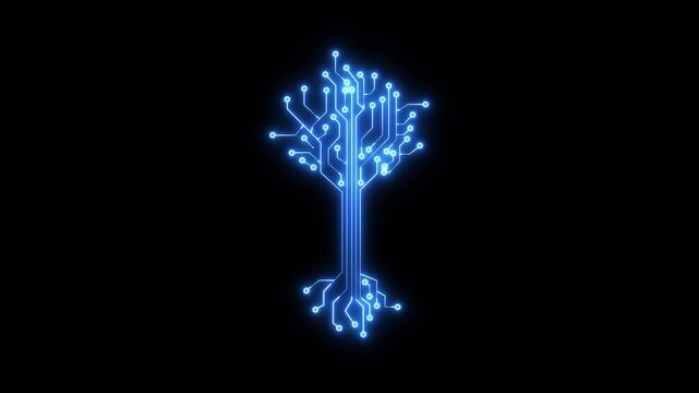 glowing Neon circuit tree icon animation on black background. Futuristic Neon Circuit Tree Icon Animation Glowing Tree Symbol Representing Digital Growth, AI Networks, and Technology Connections. 