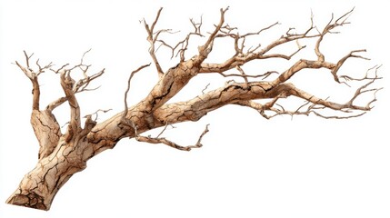 Fototapeta premium A complex dry tree branch is displayed against a white background, highlighting its twisted structure and natural textures. The branch reveals the beauty of nature in a minimalist context.